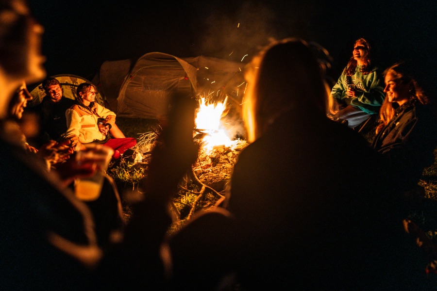 Friends around a bonfire